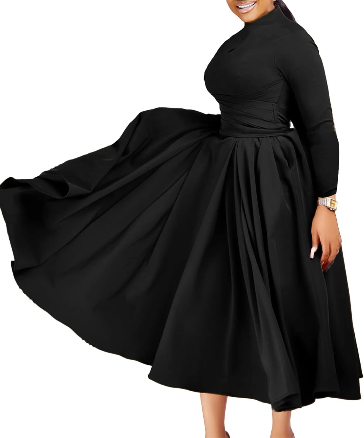 Women's Long Sleeve Maxi Dress High Waist Ruched A Line Swing Cocktail Party Dresses Plus Size