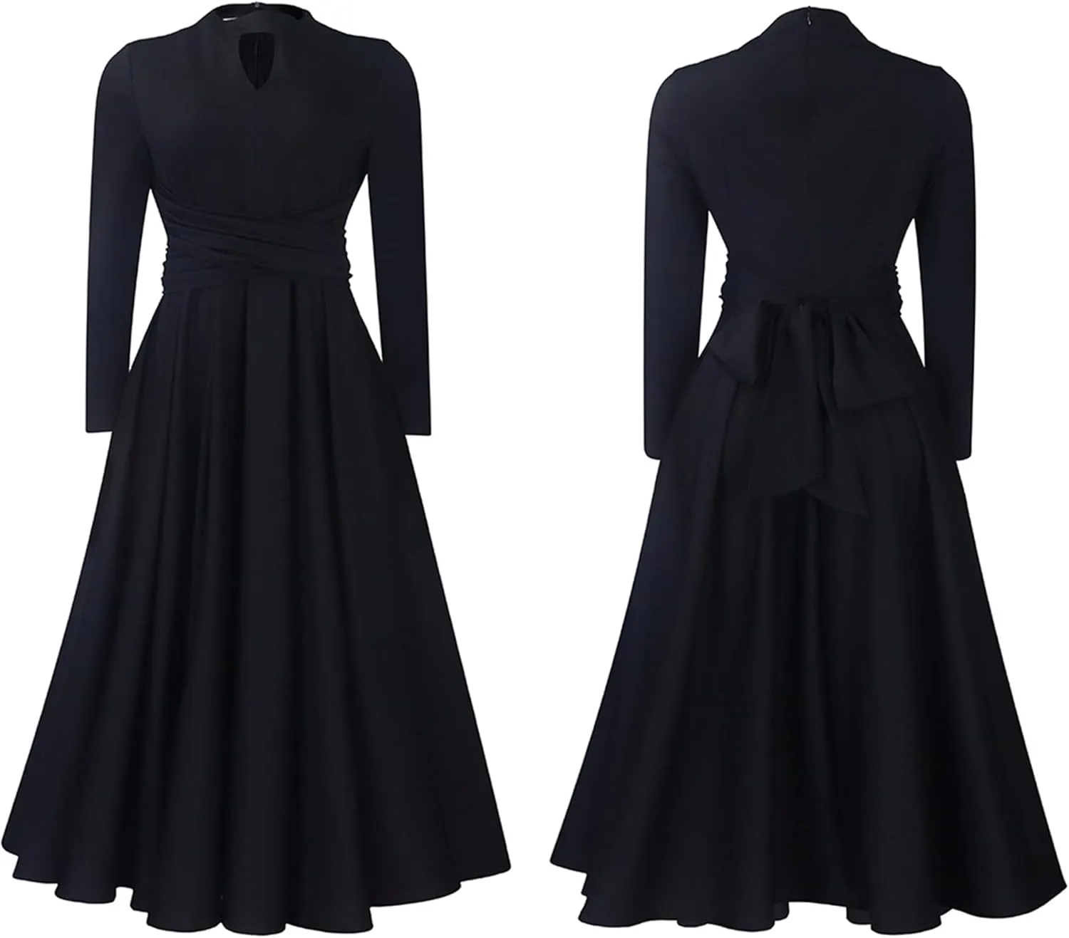 Women's Long Sleeve Maxi Dress High Waist Ruched A Line Swing Cocktail Party Dresses Plus Size