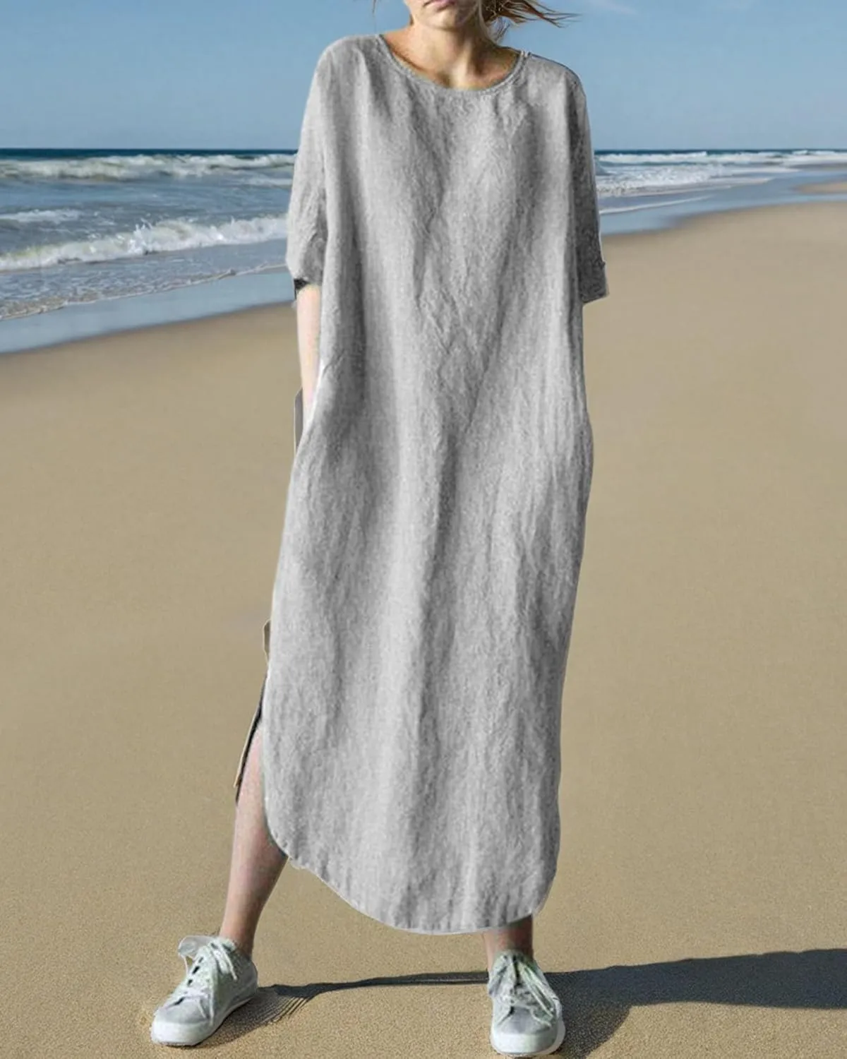 Women's Maxi Dress Solid Plus Size Loose Cotton Linen Long Dresses with Pockets