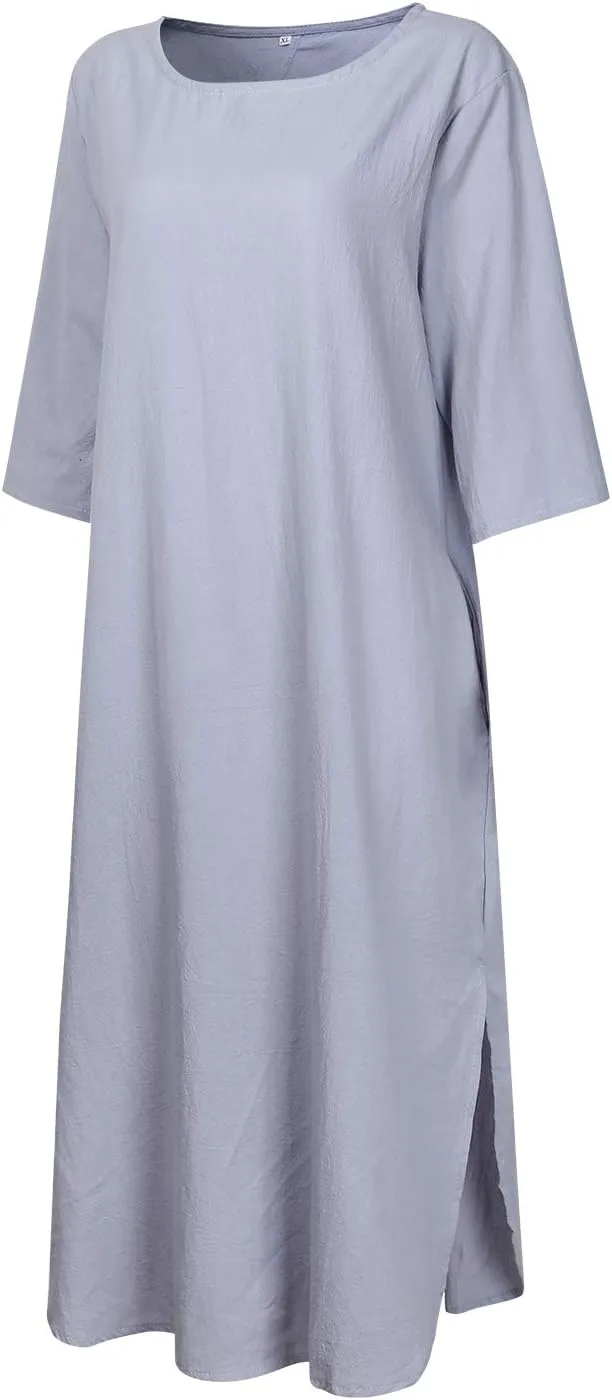 Women's Maxi Dress Solid Plus Size Loose Cotton Linen Long Dresses with Pockets