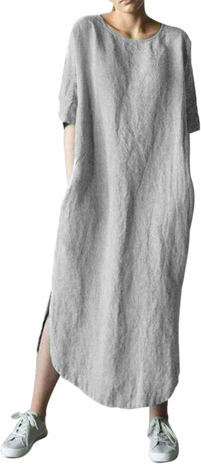 Women's Maxi Dress Solid Plus Size Loose Cotton Linen Long Dresses with Pockets