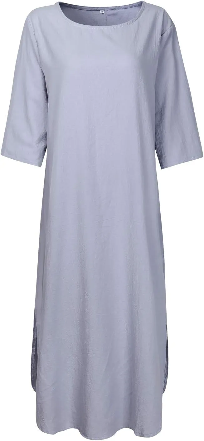 Women's Maxi Dress Solid Plus Size Loose Cotton Linen Long Dresses with Pockets