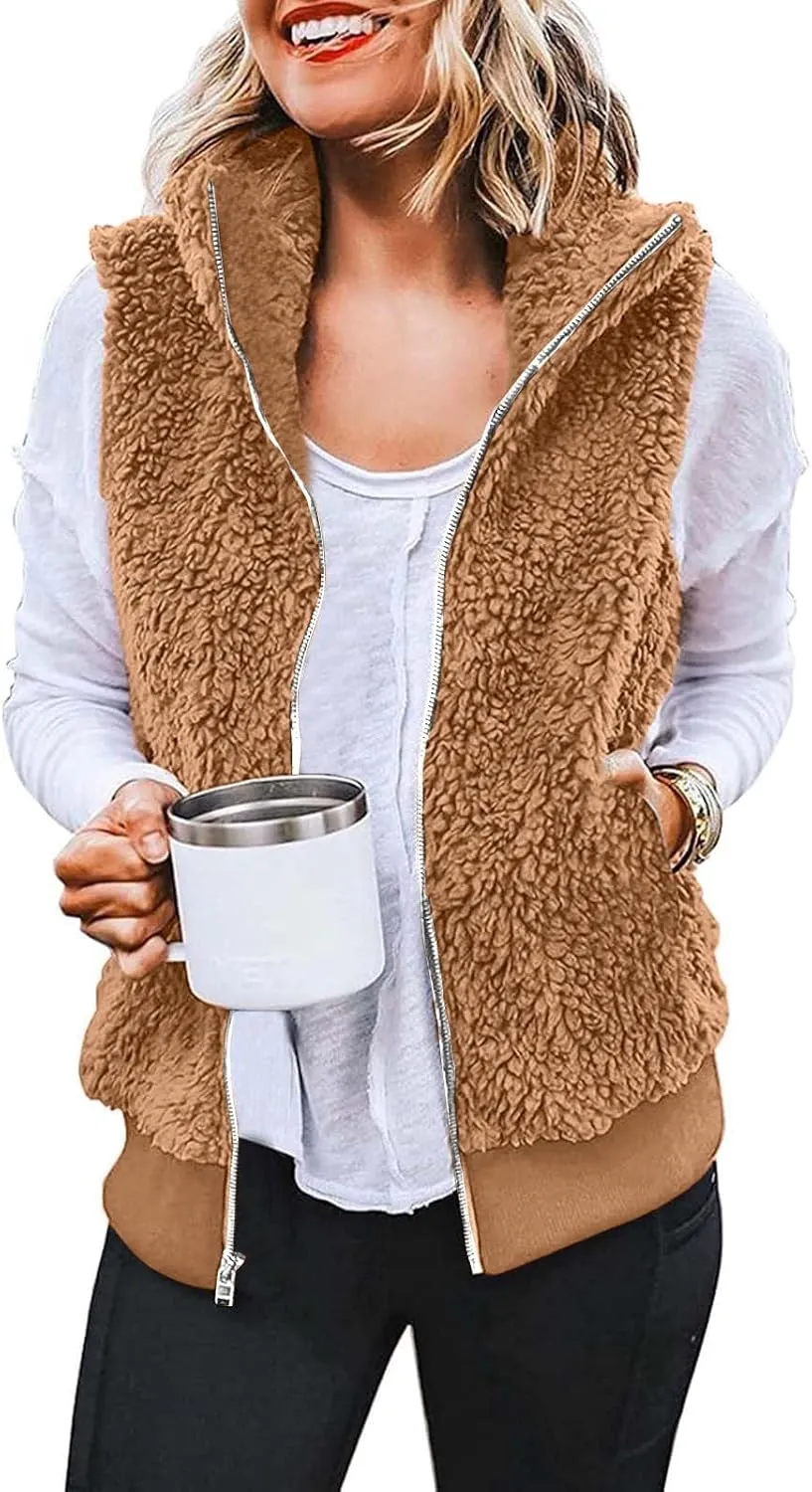 Women's Sherpa Vest Plus Size Fuzzy Fleece Sleeveless Zip Up Jacket Coat 2024 Fall Casual Waistcoat Gilet with Pockets