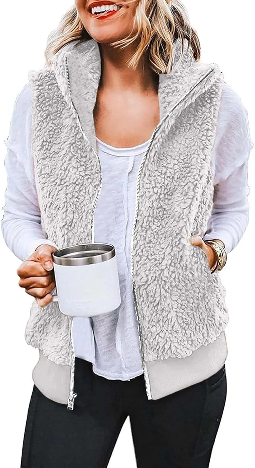 Women's Sherpa Vest Plus Size Fuzzy Fleece Sleeveless Zip Up Jacket Coat 2024 Fall Casual Waistcoat Gilet with Pockets