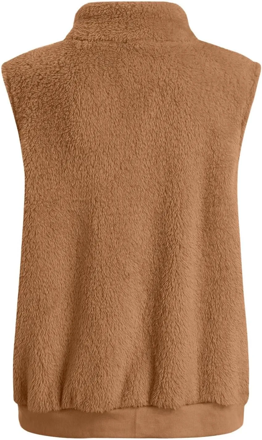 Women's Sherpa Vest Plus Size Fuzzy Fleece Sleeveless Zip Up Jacket Coat 2024 Fall Casual Waistcoat Gilet with Pockets