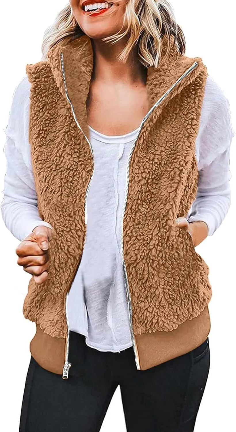 Women's Sherpa Vest Plus Size Fuzzy Fleece Sleeveless Zip Up Jacket Coat 2024 Fall Casual Waistcoat Gilet with Pockets