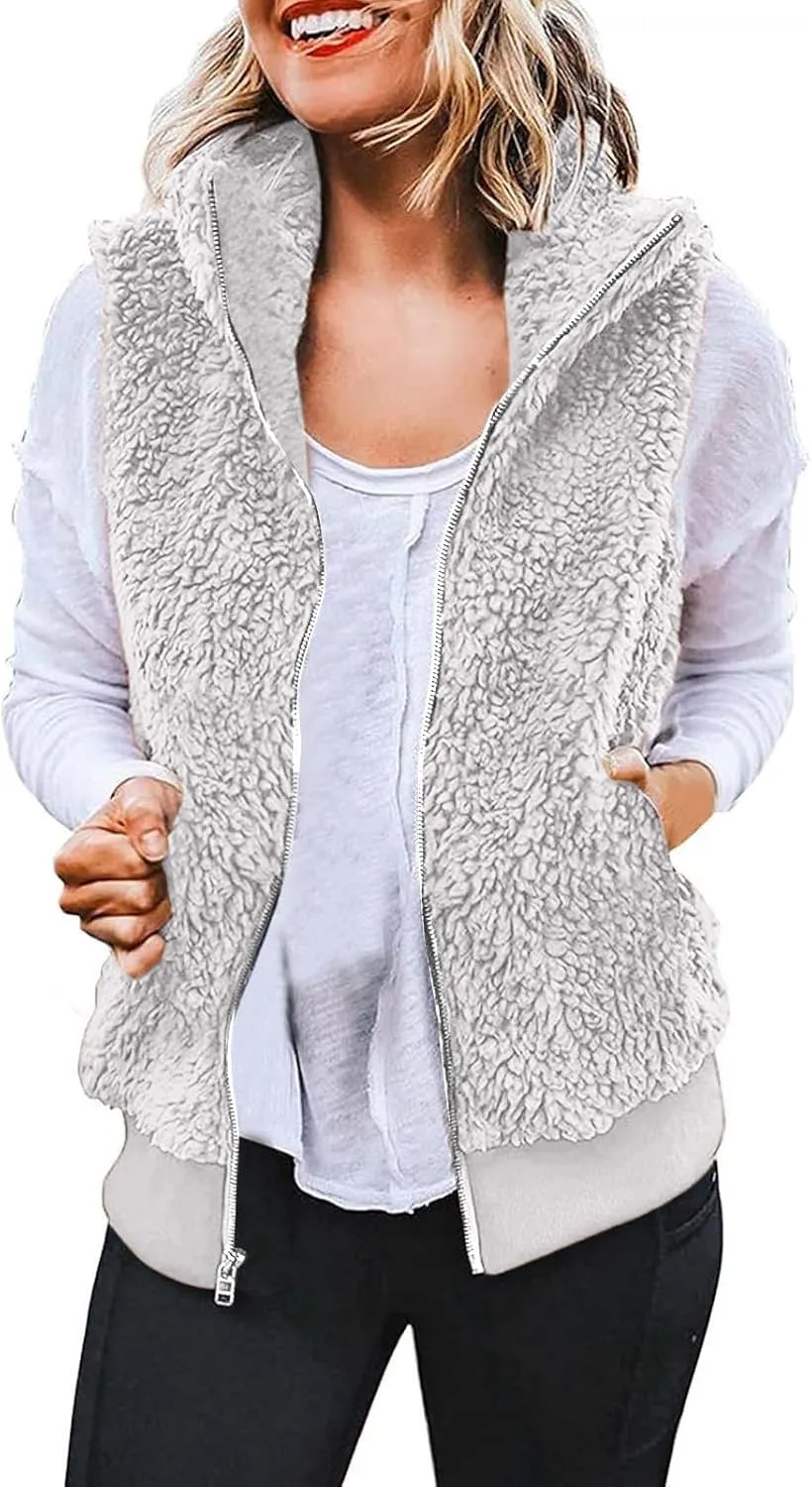 Women's Sherpa Vest Plus Size Fuzzy Fleece Sleeveless Zip Up Jacket Coat 2024 Fall Casual Waistcoat Gilet with Pockets
