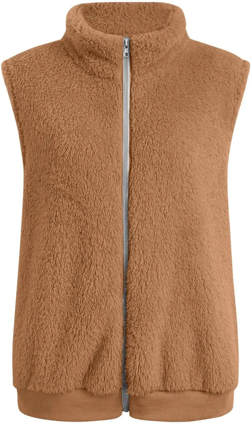 Women's Sherpa Vest Plus Size Fuzzy Fleece Sleeveless Zip Up Jacket Coat 2024 Fall Casual Waistcoat Gilet with Pockets