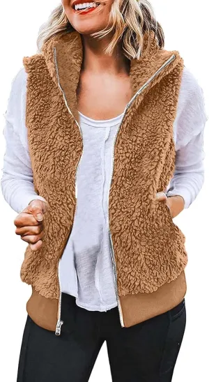 Women's Sherpa Vest Plus Size Fuzzy Fleece Sleeveless Zip Up Jacket Coat 2024 Fall Casual Waistcoat Gilet with Pockets