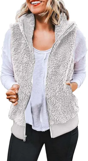 Women's Sherpa Vest Plus Size Fuzzy Fleece Sleeveless Zip Up Jacket Coat 2024 Fall Casual Waistcoat Gilet with Pockets