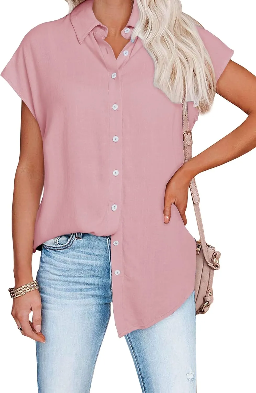 Womens Work Blouses Cap Sleeve Button Down Tops V Neck Collared Casual Business Plain Basic Summer Shirts