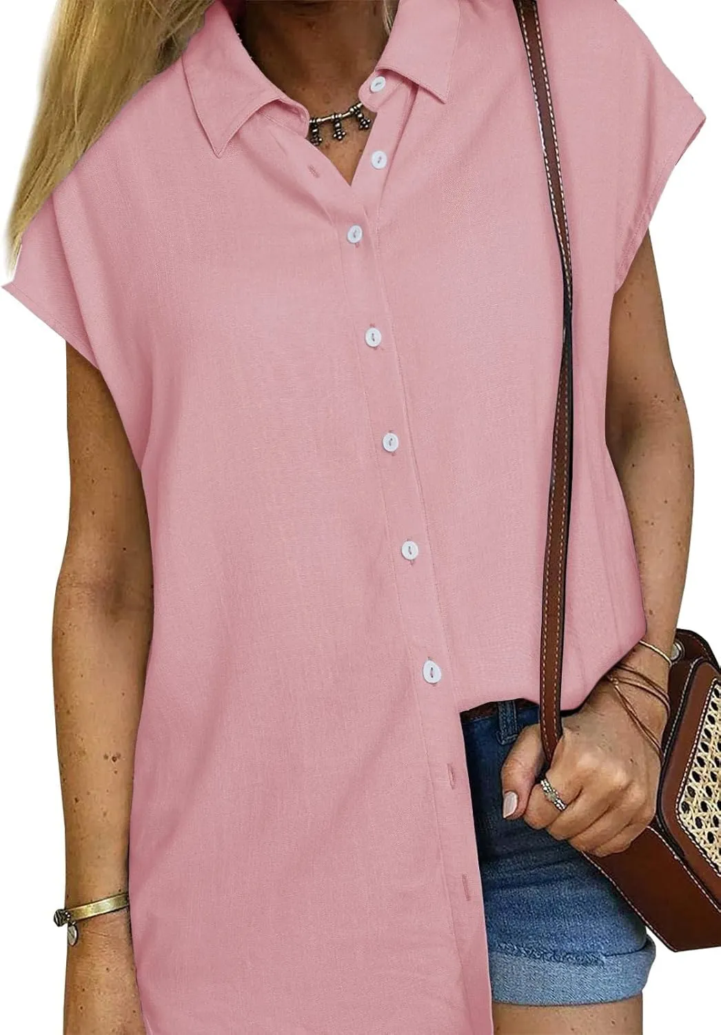 Womens Work Blouses Cap Sleeve Button Down Tops V Neck Collared Casual Business Plain Basic Summer Shirts