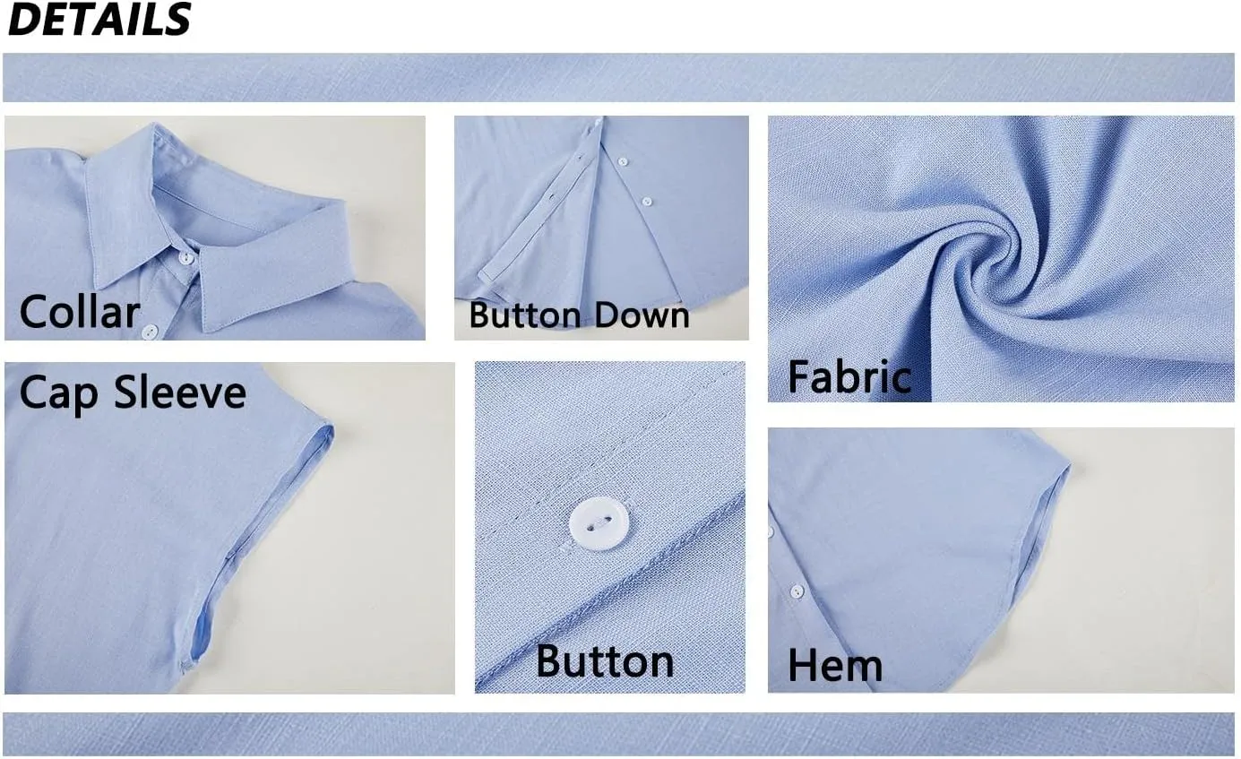 Womens Work Blouses Cap Sleeve Button Down Tops V Neck Collared Casual Business Plain Basic Summer Shirts