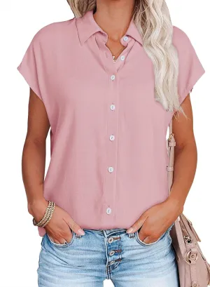 Womens Work Blouses Cap Sleeve Button Down Tops V Neck Collared Casual Business Plain Basic Summer Shirts