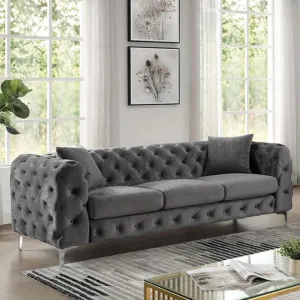 Wooden Twist Sapphira Modern Elegant Button Tufted Design Solid Wood 3 Seater Sofa with Comfortable Cushions ( Metal Legs )