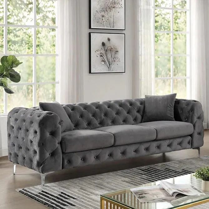 Wooden Twist Sapphira Modern Elegant Button Tufted Design Solid Wood 3 Seater Sofa with Comfortable Cushions ( Metal Legs )