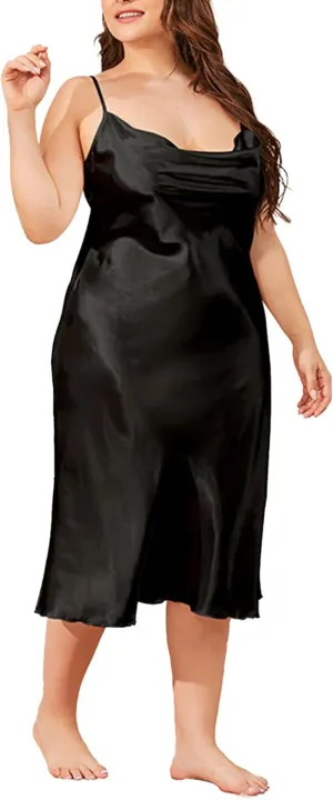 xxxiticat Women's Plus Size Dress Sleeveless Spaghetti Straps Cowl Neck Loose Fitted Cocktail Party Satin Slip Midi Dresses