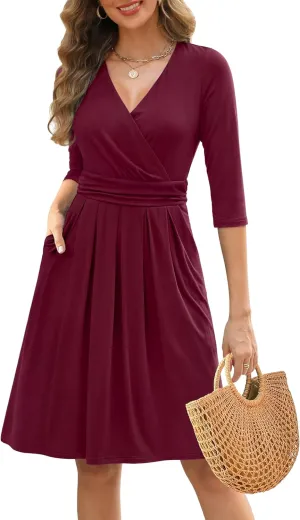 Zattcas Women's 2025 Spring Casual Dresses V Neck 3/4 Sleeve Empire Pleated Fit and Flare Knee Length Dress with Pockets