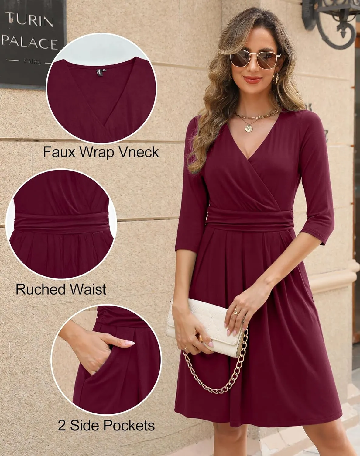 Zattcas Women's 2025 Spring Casual Dresses V Neck 3/4 Sleeve Empire Pleated Fit and Flare Knee Length Dress with Pockets